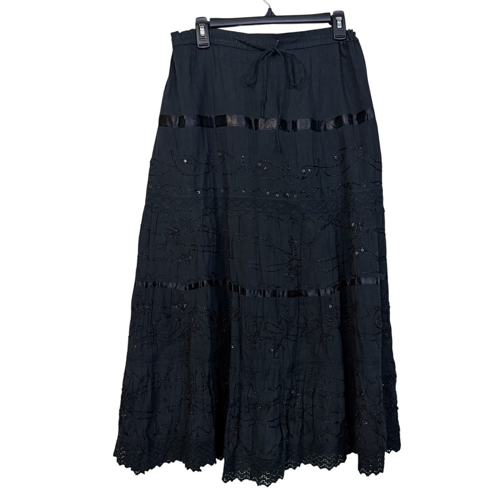 Black Sequin Tiered Maxi Skirt Sz L Ribbon Crochet Cottagecore Peasant Bohemian